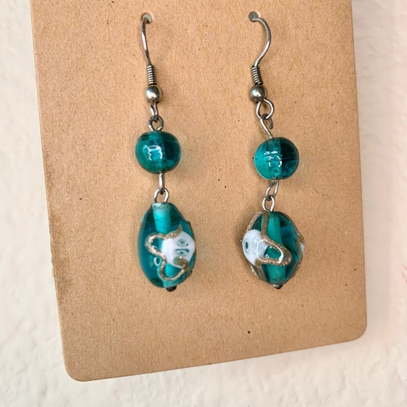 Green Bead with Gold Accent Drop Earrings - Picture 3 of 8